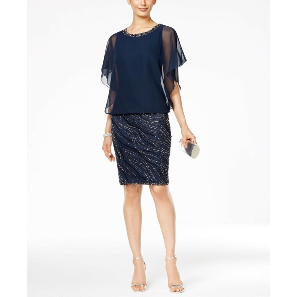 Jkara Sz 6 Navy Blue Beaded Chiffon Blouson Formal Dress Evening Flutter Sleeve
